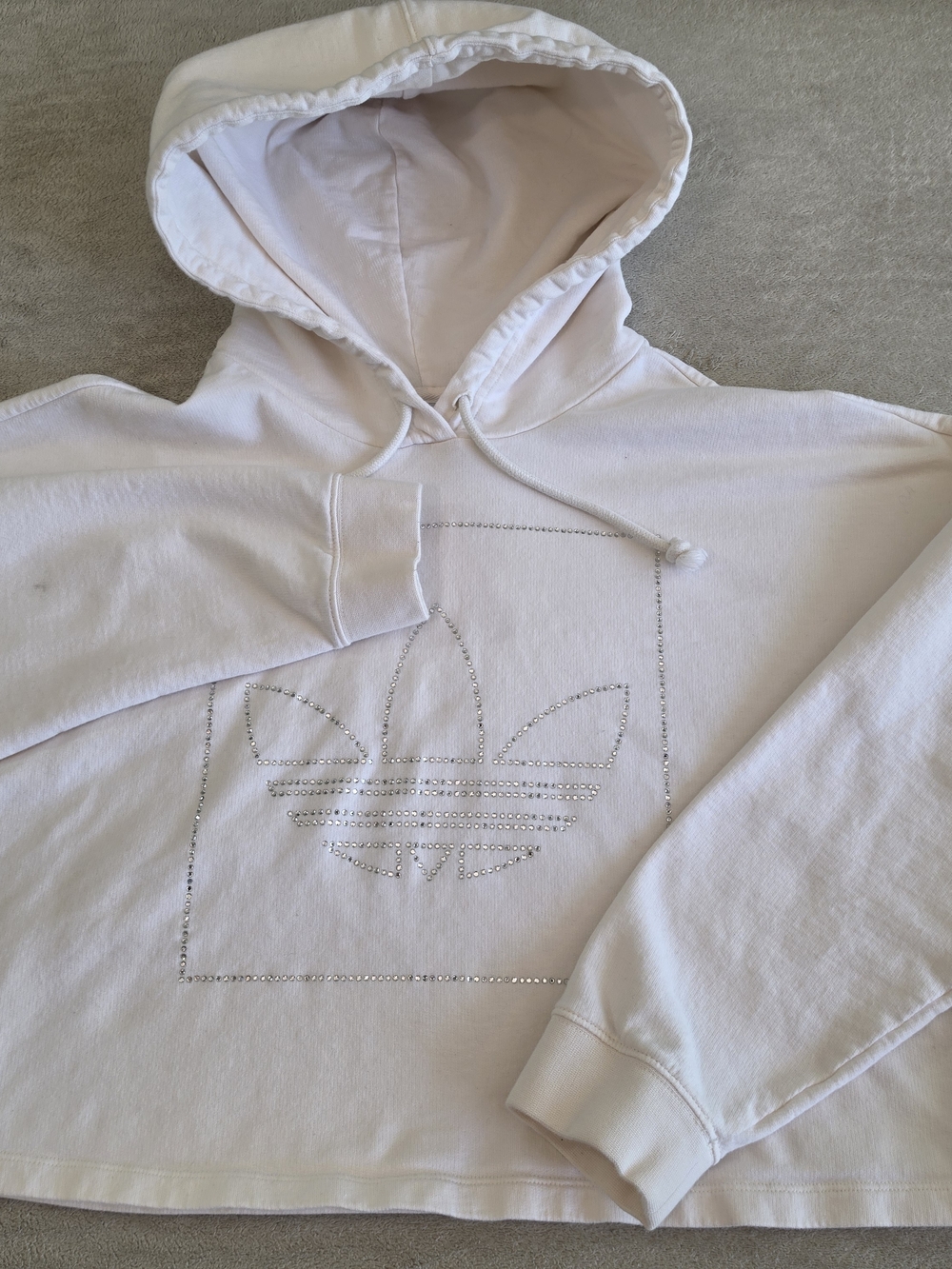 adidas White Rhinestone Trefoil Crop Hoodie